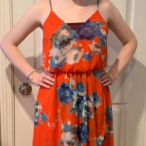 Girls Red Floral Spaghetti Strap High-Low Dress